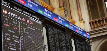 Vista del principal indicador de la Bolsa espa&ntilde;ola, el IBEX 35 en la bolsa de Madrid, esta semana.