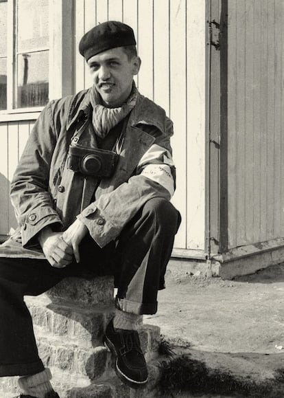 Francisco Boix, with a Nazi camera and an armband identifying him as a Spanish war reporter, shortly after the liberation of Mauthausen, on May 5, 1945. The communist photographer died in 1951 in Paris from the after-effects of his captivity.