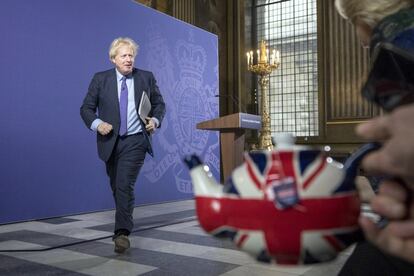 El primer ministro británico, Boris Johnson, después de su discurso 'Liberar el potencial británico' en el Old Royal Naval College en Londres (Gran Bretaña), este lunes.