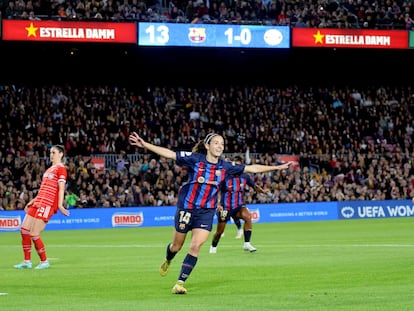 Aitana Bonmatí celebra su gol este jueves contra el Bayern de Múnich en el Camp Nou.