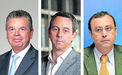Desde la izquierda, Thomas Glanzmann, presidente y CEO de Grifols; Víctor Grifols Deu, y Raimon Grifols, hasta ahora consejeros delegados.