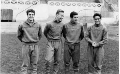 Villa, Simonsson, Raba y Chus Herrera, durante un entrenamiento.