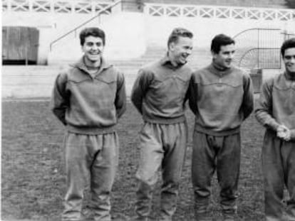 Villa, Simonsson, Raba y Chus Herrera, durante un entrenamiento.