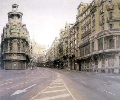 La Gran Vía, una de sus obras más conocidas, pintada en las madrugadas durante los veranos de 1975 y 1980.