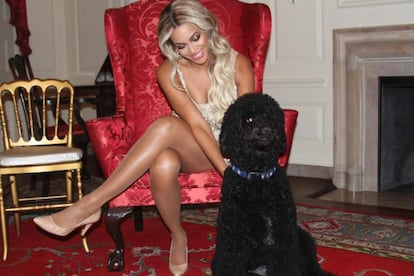 Beyoncé posa con Bo, uno de los perros de agua que poseen los Obama. La cantante se relaja antes de su actuación y se siente como en casa en la residencia presidencial de Estados Unidos.