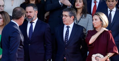 Desde la izquierda, Alberto Núñez Feijóo, líder del PP; Santiago Abascal, presidente de Vox; Patxi López, portavoz socialista en el Congreso, y la popular Cuca Gamarra.