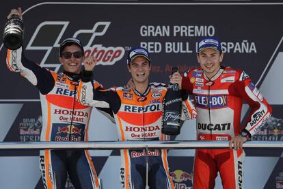 Márquez, Pedrosa y Lorenzo, en el podio del GP de España, en Jerez, el año pasado.