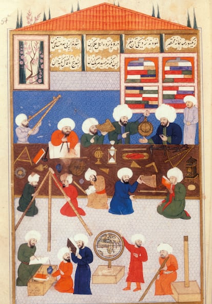 B8PJJM Manuscript of Astronomers working in 16th century observatory Istanbul.  Observatorio de Estambul, construido originalmente en 1577 