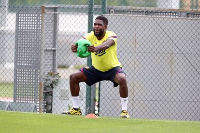 Umtiti, durante un entrenamiento del Barcelona.