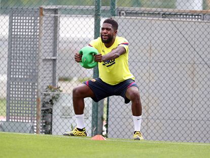 Umtiti, durante un entrenamiento del Barcelona.