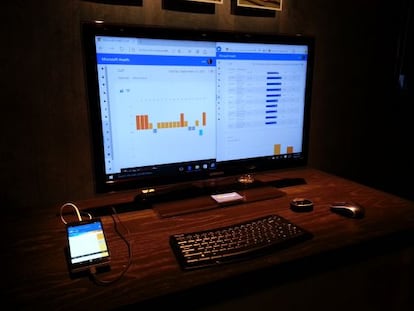Um telemóvel Lumia conectado a uma tela e um teclado, funcionando como um computador.