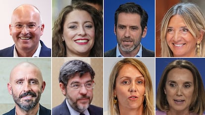De izqueirda a derecha y de arrba a abajo, Miguel Tellado Ester Muñoz, Borja Sémper, Alícia Garcia, Jaime de los Santos, Alberto Nadal, Alma Muñoz y Cuca Gamarra.