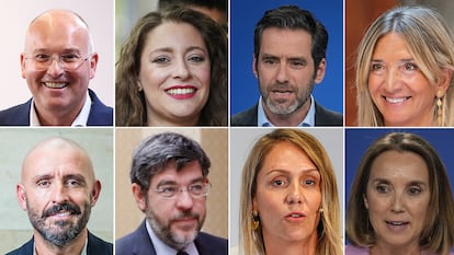 De izqueirda a derecha y de arrba a abajo, Miguel Tellado Ester Muñoz, Borja Sémper, Alícia Garcia, Jaime de los Santos, Alberto Nadal, Alma Muñoz y Cuca Gamarra.