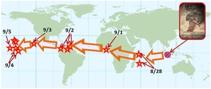 Seguimiento de las puestas de sol rojas tras la erupción del Krakatoa. Las estrellas indican los informes iniciales y las fechas en que se vieron los singulares colores crepusculares en 1883.