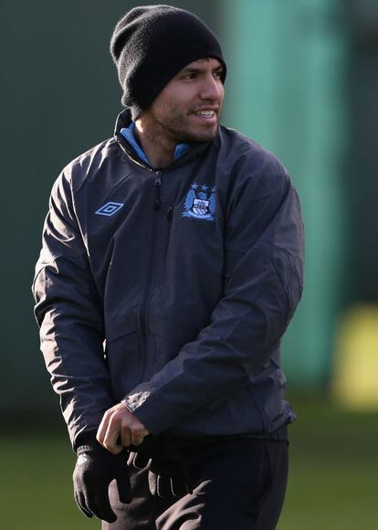 Sergio Agüero en el entrenamiento del Manchester City antes del partido contra el Borussia Dortmund.