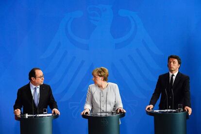 Francois Hollande, Angela Merkel y Matteo Renzi en una rueda de prensa sobre el referéndum del Brexit.