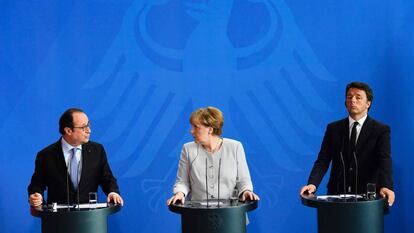 Francois Hollande, Angela Merkel y Matteo Renzi en una rueda de prensa sobre el referéndum del Brexit.