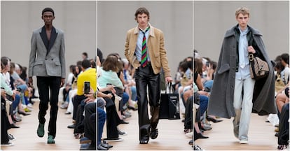 Three models of the Male Dior Fashion Parade for Spring/Summer 2026, within the framework of the Paris Fashion Week on June 27, 2025.
