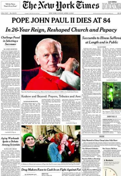 El diario <i>The New York Times</i> destaca que Juan Pablo II ha reorganizado la iglesia y el papado. Además, subraya que vivió su larga enfermedad en público.