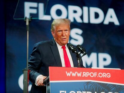 Former U.S. President Donald Trump speaks to his supporters during the Florida Freedom Summit in Kissimmee, Florida, November 4, 2023.