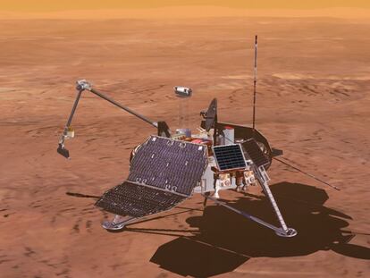 Junto con 'Mars Climate Orbiter' formaba parte de la misión Mars Surveyor. La primera se perdió en el camino porque los ingenieros se confundieron de sistema métrico. 'Mars Polar Lander' probablemente se estrelló durante el aterrizaje, el 3 de diciembre de 1999. El módulo de descenso contaba con dos microsondas autónomas para perforar el suelo de Marte y estudiar su composición. En la imagen, una composición artística de 'Mars Polar Lander' sobre Marte realizada por la NASA.