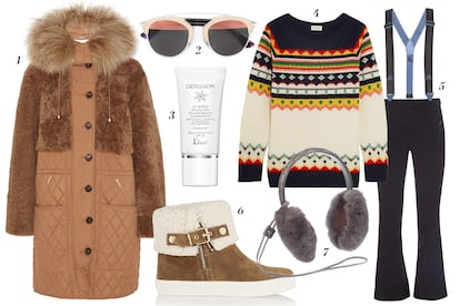 1. Chloé Abrigo con detalle de pelo en la capucha 2. Dior Gafas de sol 'So Real' 3. Dior Crema protectora especial nieve 4. Saint Laurent Jersey con grecas de colores 5. Stella McCartney para Adidas Pantalones con tirantes 6. Burberry London Botines con detalle de borreguito 7. Gucci Orejeras de pelo.