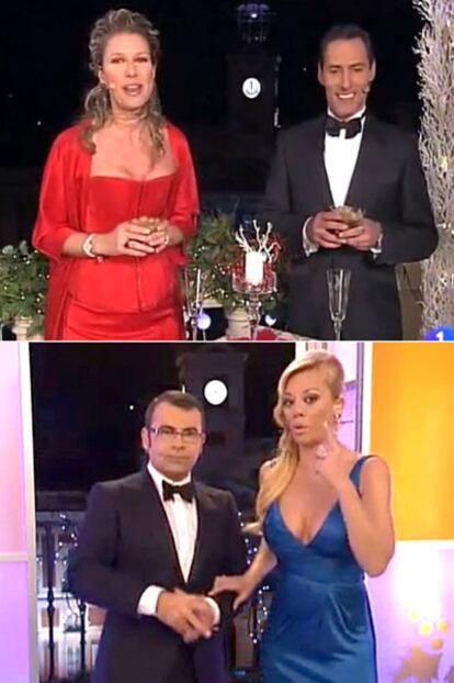 Imagen de las campanadas en TVE-1 (arriba) y Telecinco.