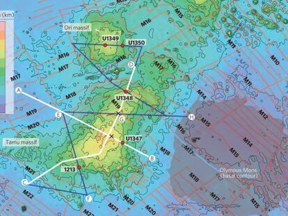 Imagen aportada en el artículo sobre el Macizo Tamu, un volcán submarino en el Pacífico, en el que se compara su tamaño con el del Monte Olimpo, en Marte.
