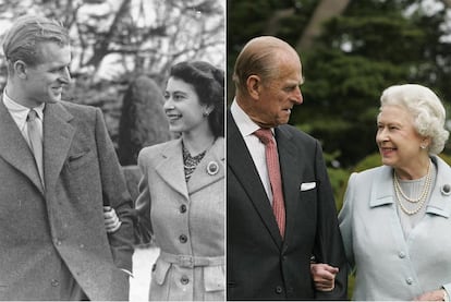 A la izquierda, la reina de Inglaterra y el duque, en su luna de miel hace 60 años; a la derecha, una imagen actual. Las fotos están en la exposición del 90º cumpleaños.