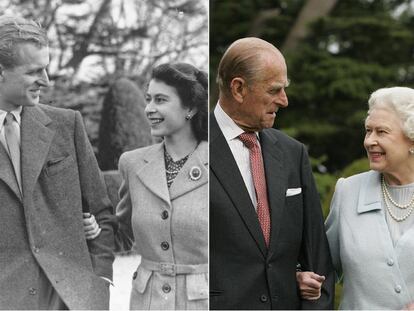 A la izquierda, la reina de Inglaterra y el duque, en su luna de miel hace 60 años; a la derecha, una imagen actual. Las fotos están en la exposición del 90º cumpleaños.