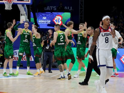 Team Lithuania jubilate after beating the USA during the FIBA Basketball World Cup 2023 2nd round stage match between USA and Lithuania in Manila, Philippines, 03 September 2023.