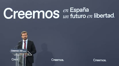 El líder del PP, Pablo Casado, durante la convención nacional de su partido.