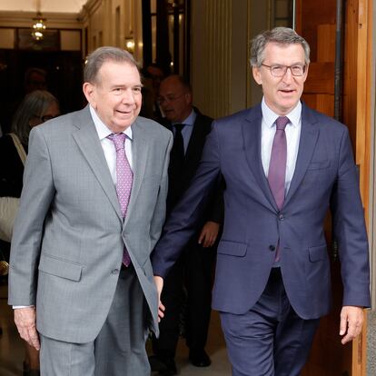 MADRID, 17/09/2024.- El candidato opositor venezolano Edmundo González (i) se reúne con el líder del PP, Alberto Núñez Feijóo, en el Congreso de los Diputados este martes. EFE/ Zipi
