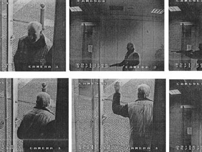 Las capturas de la grabación muestran como Pere Puig entra en la sucursal bancaria, dispara y se entrega a la policía.