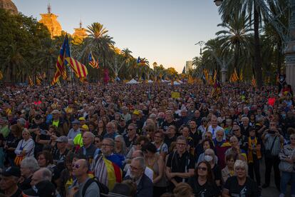 Concentración independentista en Barcelona por el quinto aniversario del referéndum ilegal del 1-O, el sábado.