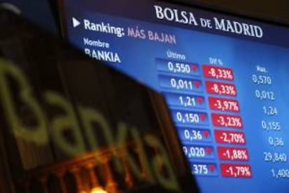 Monitor en la Bolsa de Madrid con la cotización de Bankia durante la jornada de ayer.