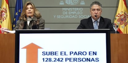 Los secretarios de Estado de Empleo y Seguridad Social, Engracia Hidalgo y Tom&aacute;s Burgos, presentan los datos de paro.