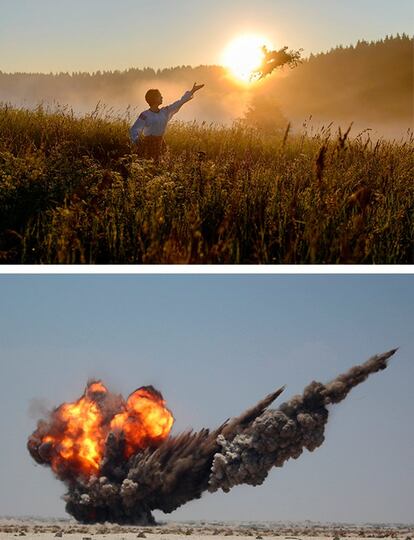 Una mujer lanza un ramo de flores durante la celebración de la noche de Ivan Kupala en un campo cerca de Minsk, Bielorrusia. / Explosión controlada por expertos de Yemen para destruir explosivos y minas colocadas por los rebeldes huthis, en la ciudad de Aden.