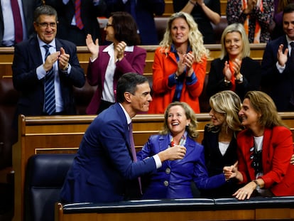 Spain's newly re-appointed Prime Minister Pedro Sanchez reacts after the voting at the investiture debate on Thursday.