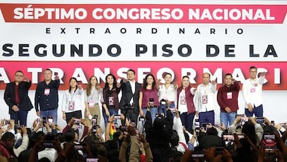 Luisa María Alcalde durante el Séptimo Congreso Nacional Extraordinario de Morena, en mayo 2025.