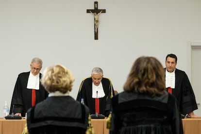 Vatican City State Court President Giuseppe Pignatone (C), Director of the Department of Law at the University of Rome "Tor Vergata" Professor Venerando Marano (L) and Professor of Criminal Procedural Law at the University of Rome "Tor Vergata" Professor Carlo Bonzano (R), announcing the verdict in the trial of Senior cardinal Angelo Becciu and nine others for alleged financial wrongdoing in The Vatican, Vatican City, 16 December 2023.