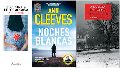 Desde la izquierda, portadas de 'El asesinato de los Oasawa' Riku Onda, 'Noches Blancas' Ann Cleeves, 'A la vista de todos' Teresa Cardona.
