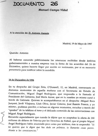 Carta de Manuel Campo Vidal a Antonio Asensio