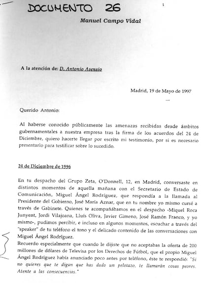 Carta de Manuel Campo Vidal a Antonio Asensio