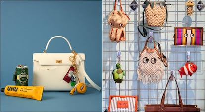 Varios artículos de las colecciones de Anya Hindmarch en dos imágenes cedidas por la diseñadora. A la izquierda, su 'Mortimer bag' rodeada de artículos que imitan a otros objetos, como un 'charm' en forma de lata del agua carbonatada Perrier o un estuche que parece un tubo de pegamento Uhu. A la izquierda, complementos de su última colección, inspirada en el mundo marino.