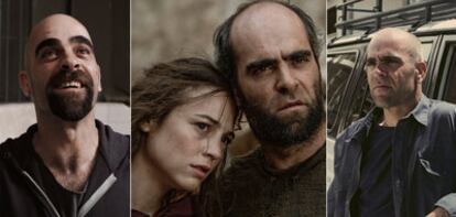 Luis Tosar, en los tres filmes preseleccionados para los Oscar por la Academia española del Cine. De izquierda a derecha, en <i>Celda 211,</i> con Leonor Watling en <i>Lope,</i> y en <i>También la lluvia.</i>