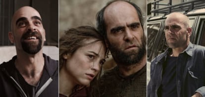 Luis Tosar, en los tres filmes preseleccionados para los Oscar por la Academia española del Cine. De izquierda a derecha, en <i>Celda 211,</i> con Leonor Watling en <i>Lope,</i> y en <i>También la lluvia.</i>