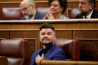 El portavoz de ERC en el Congreso, Gabriel Rufián, este miércoles en su escaño. 