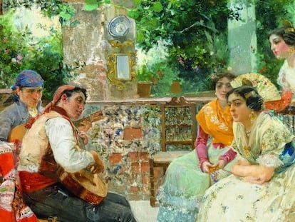 &Oacute;leo titulado &#039;Los guitarristas, costumbres valencianas&#039;, de 1889.