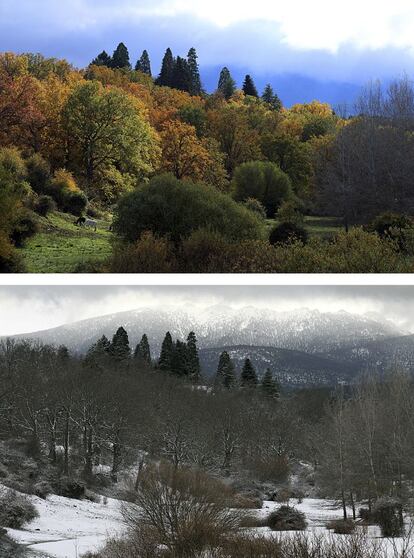 Desde el valle de Valsaín se pueden ver los siete picos de su cara norte desde la vertiente segoviana. Arriba, imagen de noviembre de 2013, abajo, imagen de febrero de 2014.